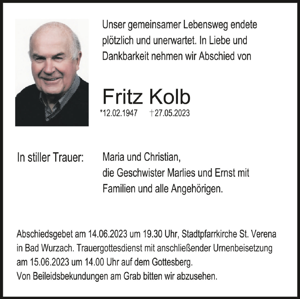  Traueranzeige für Fritz Kolb vom 10.06.2023 aus Schwäbische Zeitung