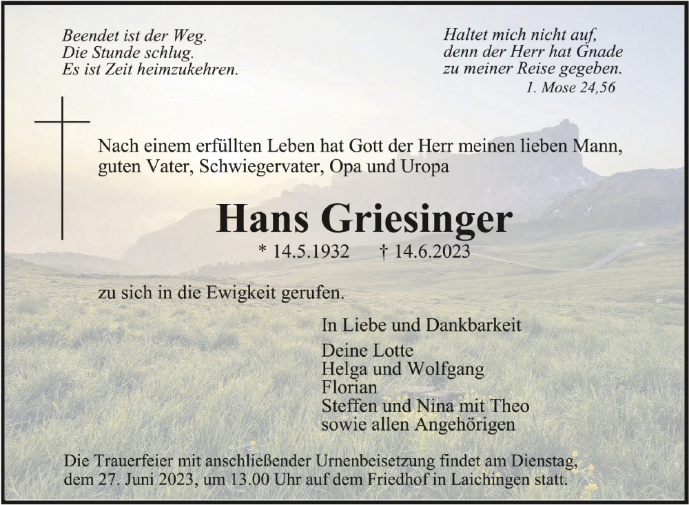  Traueranzeige für Hans Griesinger vom 22.06.2023 aus Schwäbische Zeitung