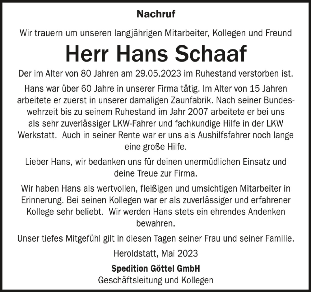  Traueranzeige für Hans Schaaf vom 02.06.2023 aus Schwäbische Zeitung