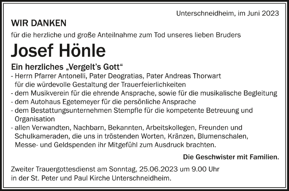  Traueranzeige für Josef Hönle vom 23.06.2023 aus Schwäbische Zeitung
