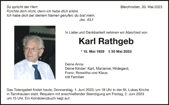 Anzeige von Karl Rathgeb von Schwäbische Zeitung