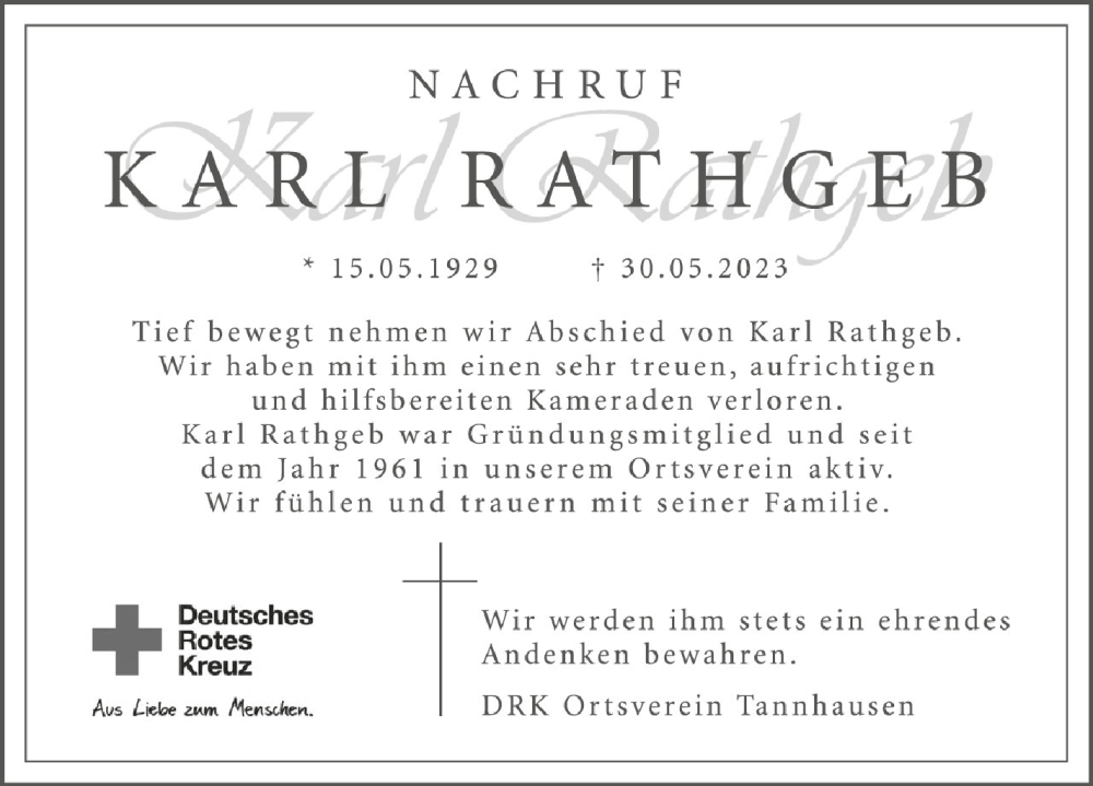  Traueranzeige für Karl Rathgeb vom 13.06.2023 aus Schwäbische Zeitung