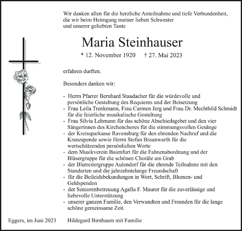  Traueranzeige für Maria Steinhauser vom 10.06.2023 aus Schwäbische Zeitung