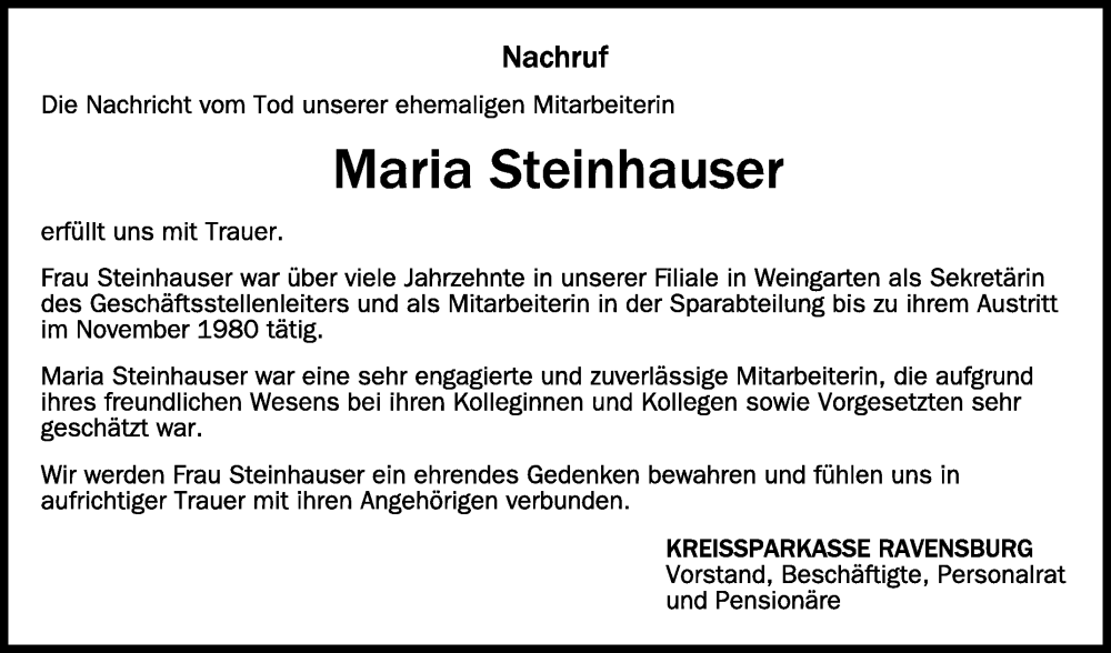  Traueranzeige für Maria Steinhauser vom 02.06.2023 aus Schwäbische Zeitung