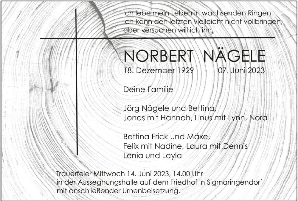  Traueranzeige für Norbert Nägele vom 13.06.2023 aus Schwäbische Zeitung