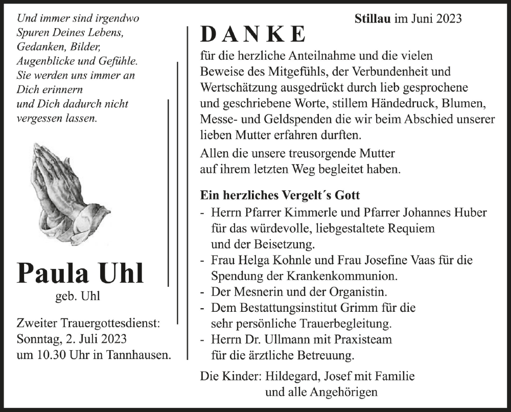  Traueranzeige für Paula Uhl vom 30.06.2023 aus Schwäbische Zeitung