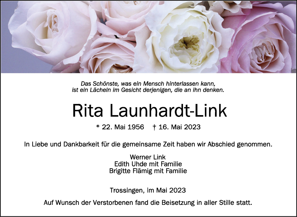 Traueranzeigen Von Rita Launhardt-Link | Schwaebische.de Trauerportal