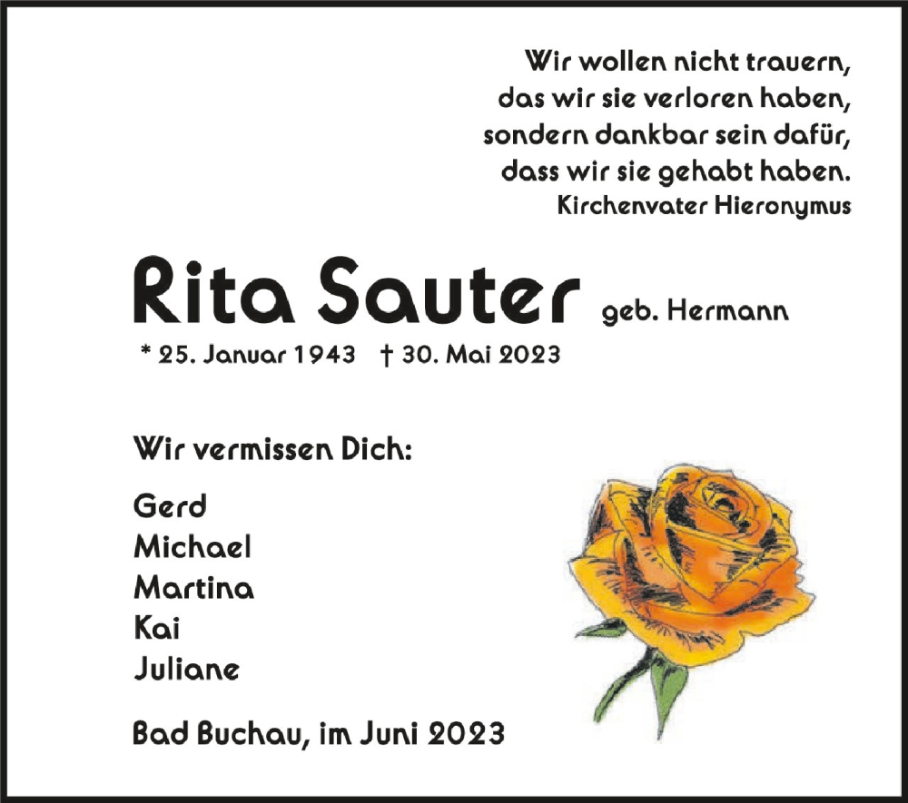  Traueranzeige für Rita Sauter vom 16.06.2023 aus Schwäbische Zeitung