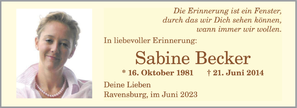  Traueranzeige für Sabine Becker vom 21.06.2023 aus Schwäbische Zeitung