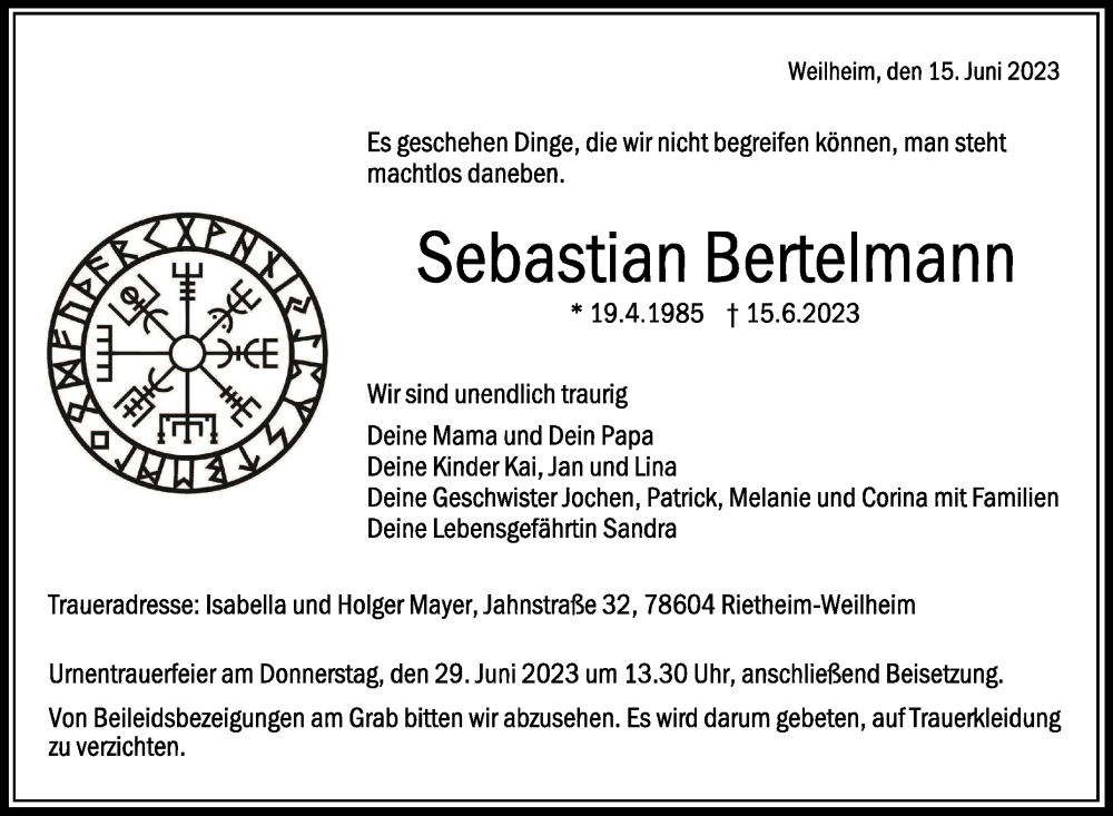  Traueranzeige für Sebastian Bertelmann vom 24.06.2023 aus Schwäbische Zeitung