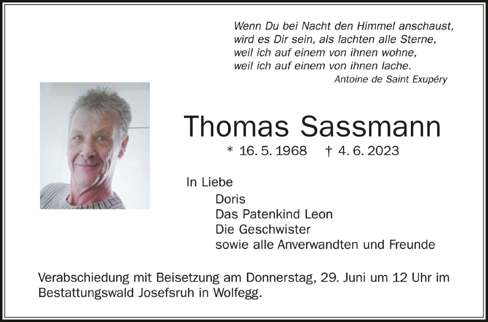  Traueranzeige für Thomas Sassmann vom 10.06.2023 aus Schwäbische Zeitung