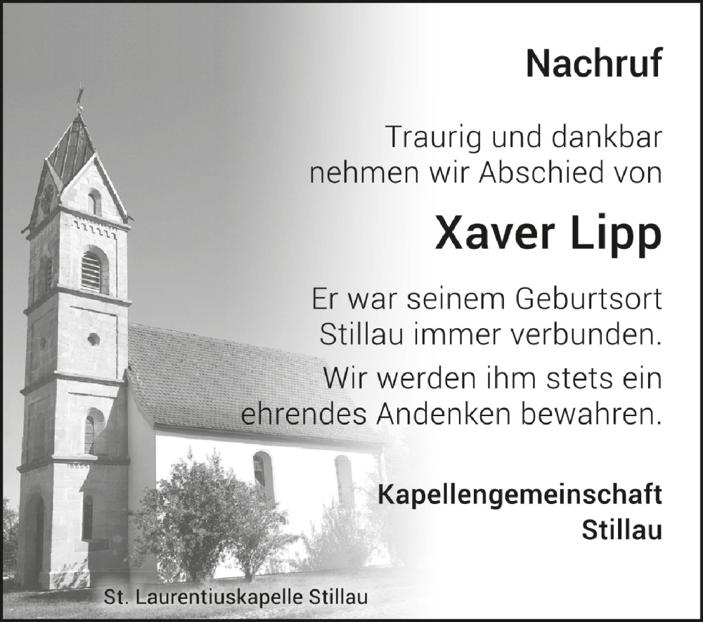  Traueranzeige für Xaver Lipp vom 03.06.2023 aus Schwäbische Zeitung