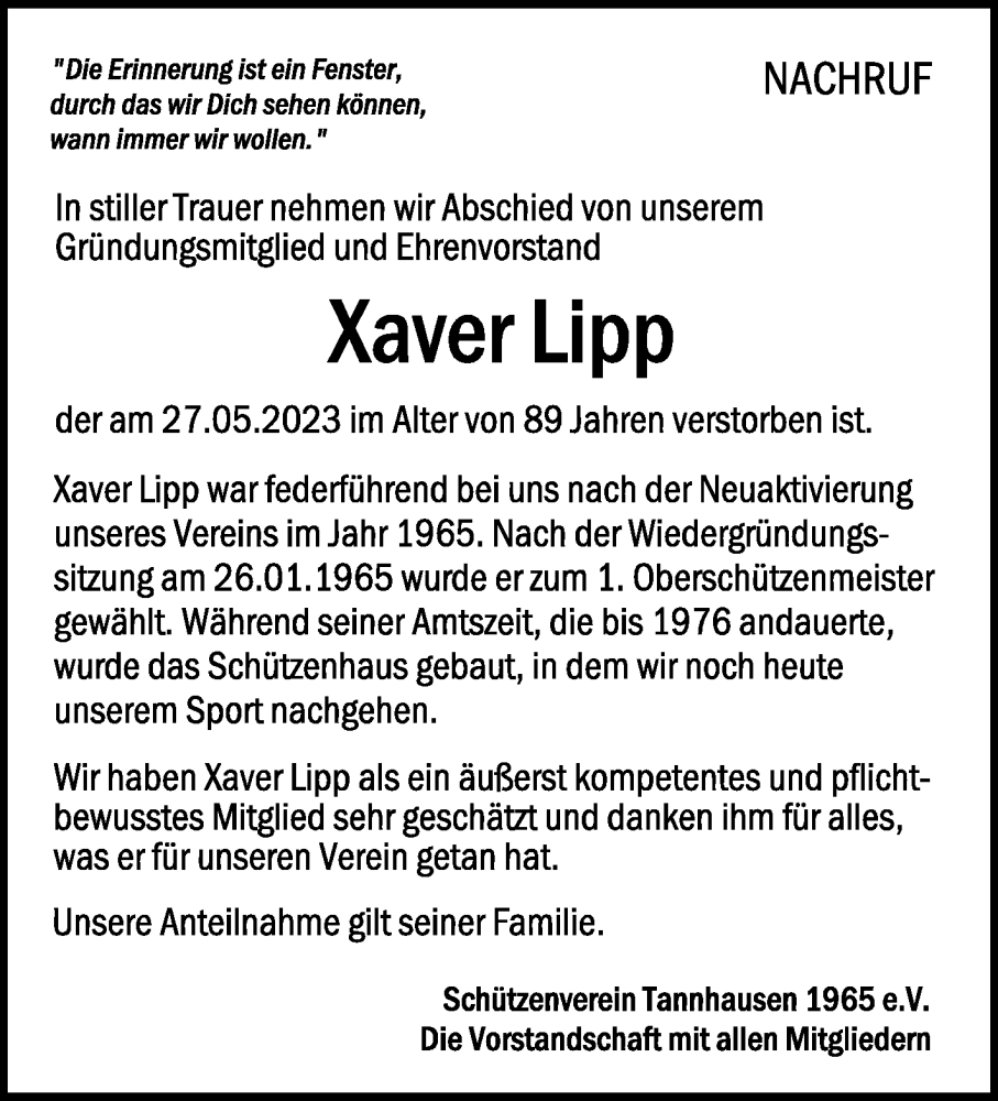  Traueranzeige für Xaver Lipp vom 07.06.2023 aus Schwäbische Zeitung