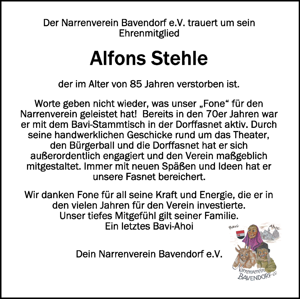  Traueranzeige für Alfons Stehle vom 08.07.2023 aus Schwäbische Zeitung