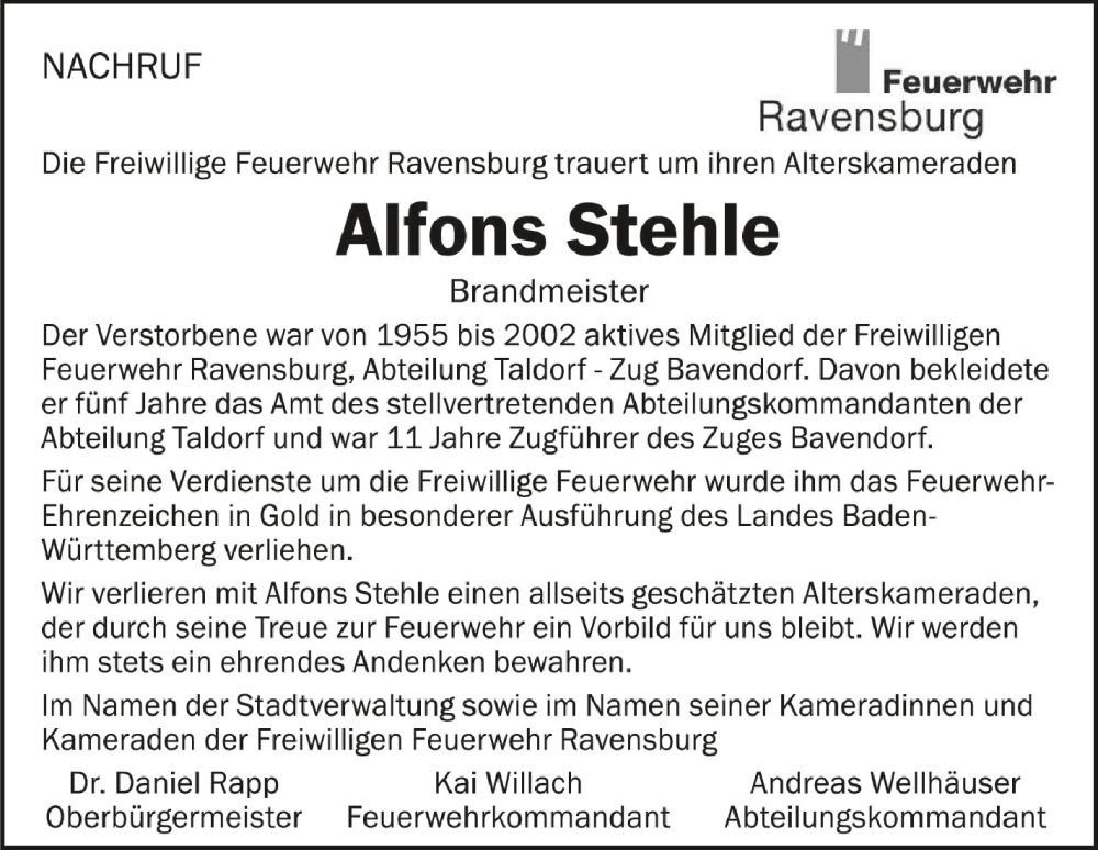  Traueranzeige für Alfons Stehle vom 06.07.2023 aus Schwäbische Zeitung