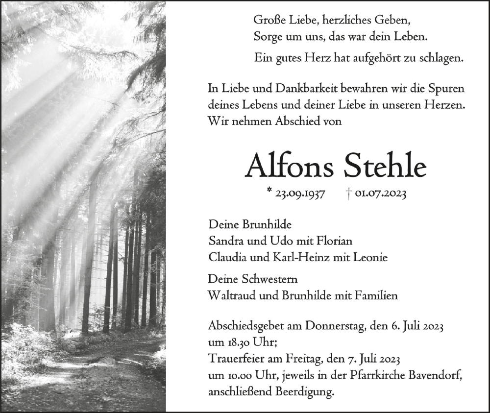  Traueranzeige für Alfons Stehle vom 05.07.2023 aus Schwäbische Zeitung