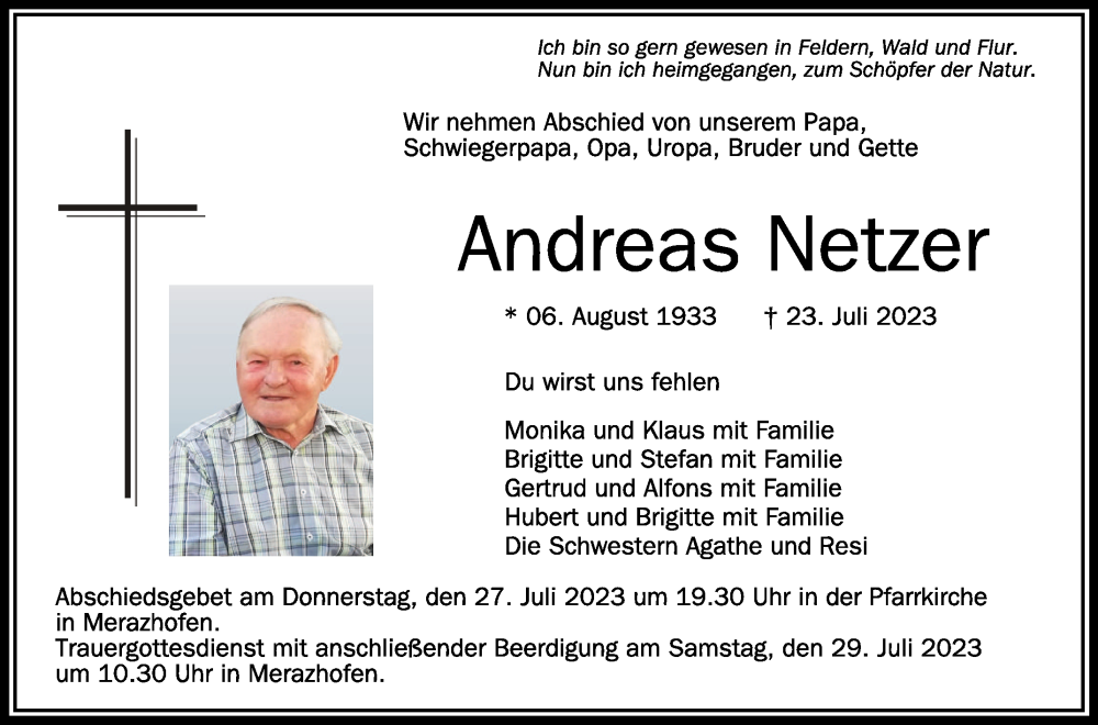  Traueranzeige für Andreas Netzer vom 26.07.2023 aus Schwäbische Zeitung