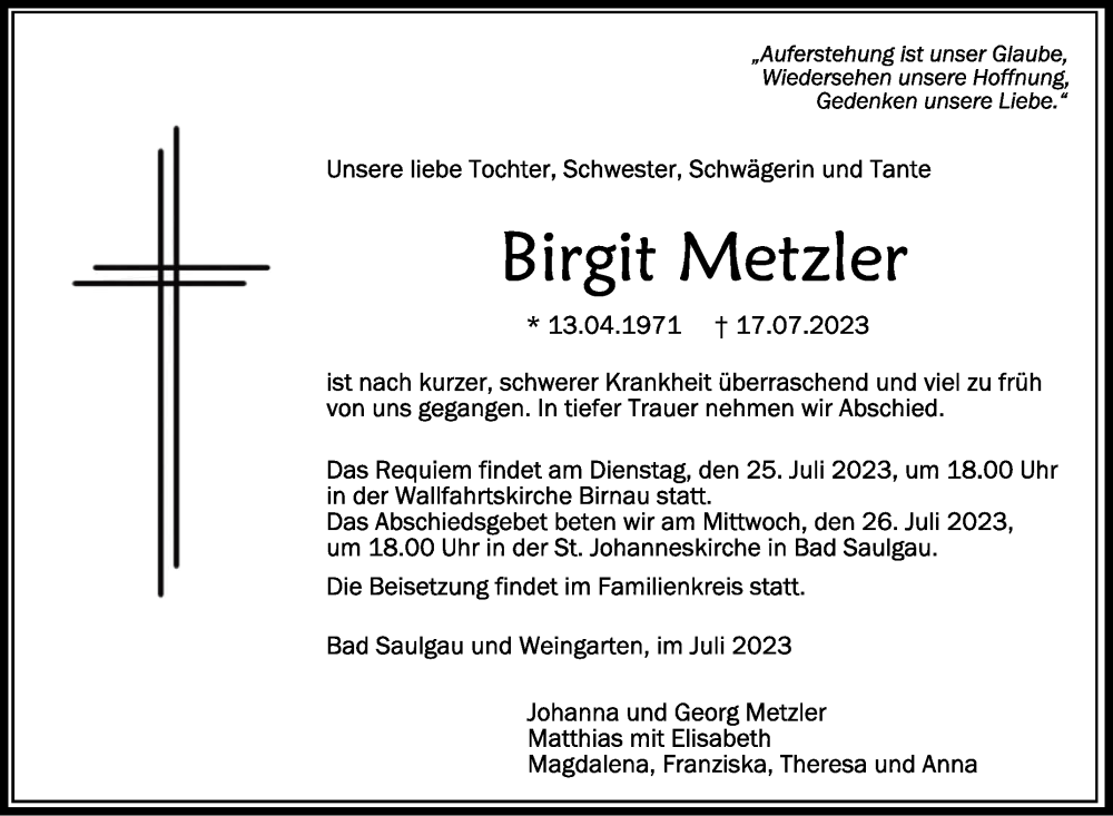  Traueranzeige für Birgit Metzler vom 22.07.2023 aus Schwäbische Zeitung