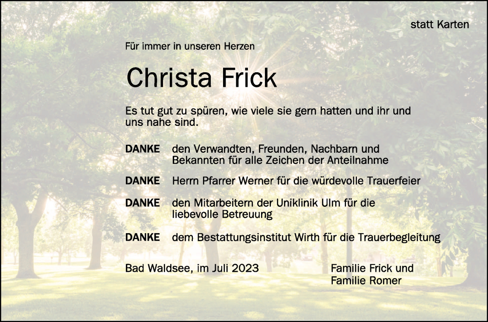  Traueranzeige für Christa Frick vom 22.07.2023 aus Schwäbische Zeitung