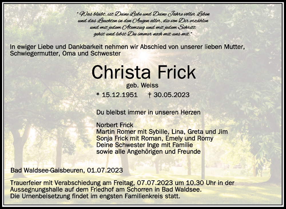  Traueranzeige für Christa Frick vom 01.07.2023 aus Schwäbische Zeitung