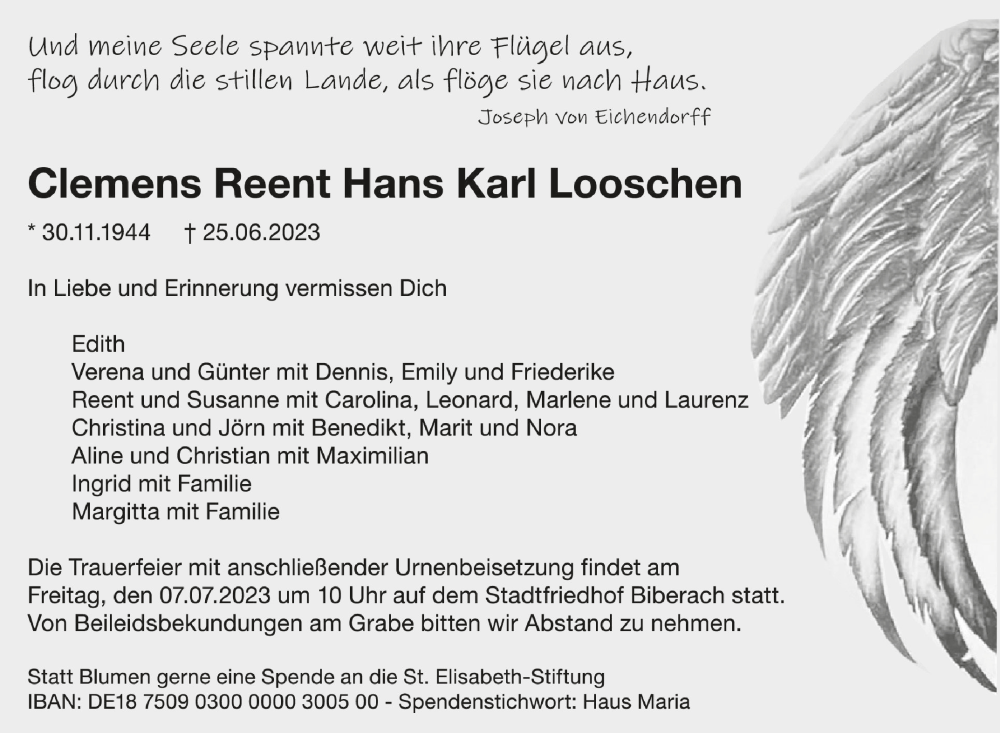  Traueranzeige für Clemens Reent Hans Karl Looschen vom 01.07.2023 aus Schwäbische Zeitung