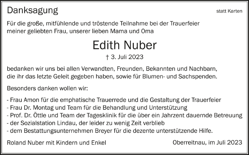  Traueranzeige für Edith Nuber vom 19.07.2023 aus Schwäbische Zeitung