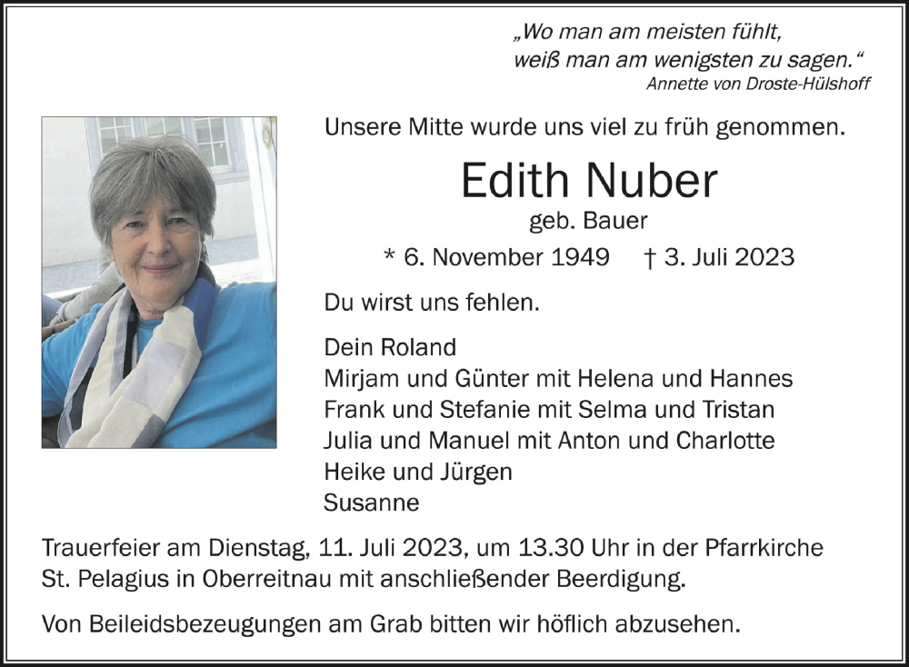  Traueranzeige für Edith Nuber vom 08.07.2023 aus Schwäbische Zeitung