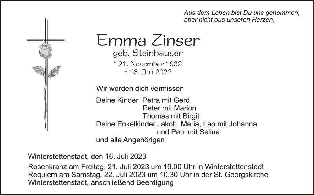  Traueranzeige für Emma Zinser vom 19.07.2023 aus Schwäbische Zeitung