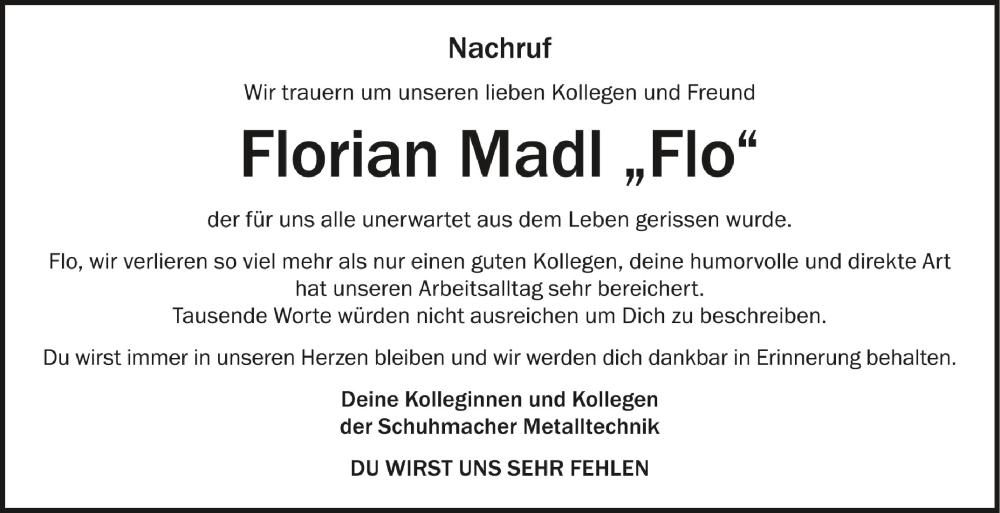  Traueranzeige für Florian Madl vom 18.07.2023 aus Schwäbische Zeitung