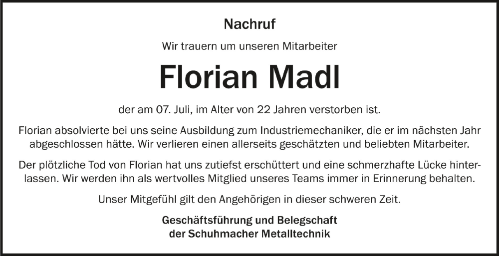  Traueranzeige für Florian Madl vom 18.07.2023 aus Schwäbische Zeitung