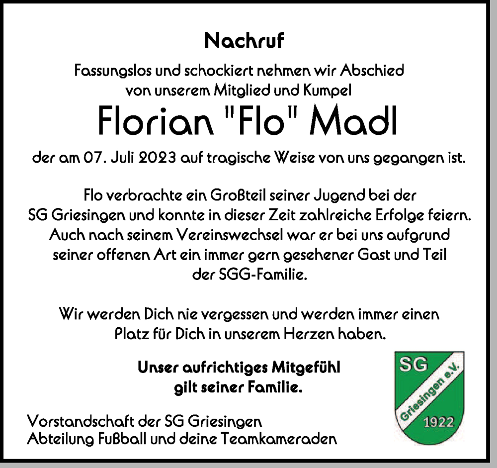  Traueranzeige für Florian Madl vom 29.07.2023 aus Schwäbische Zeitung