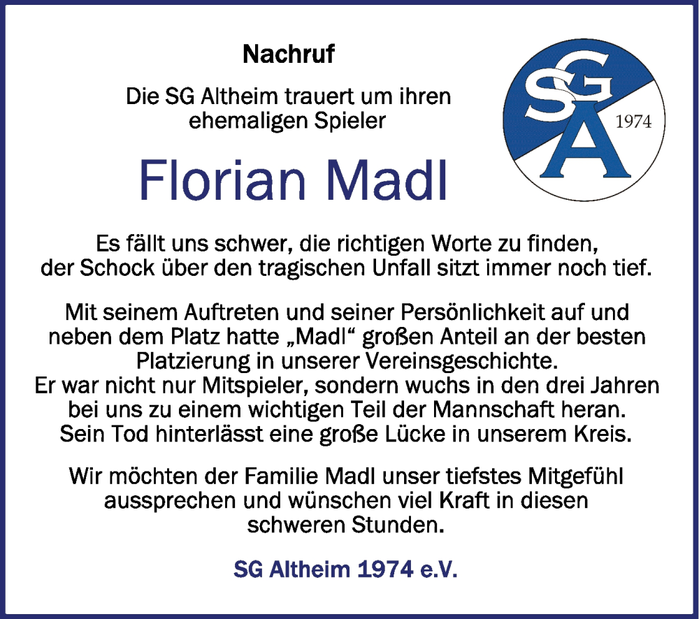  Traueranzeige für Florian Madl vom 20.07.2023 aus Schwäbische Zeitung