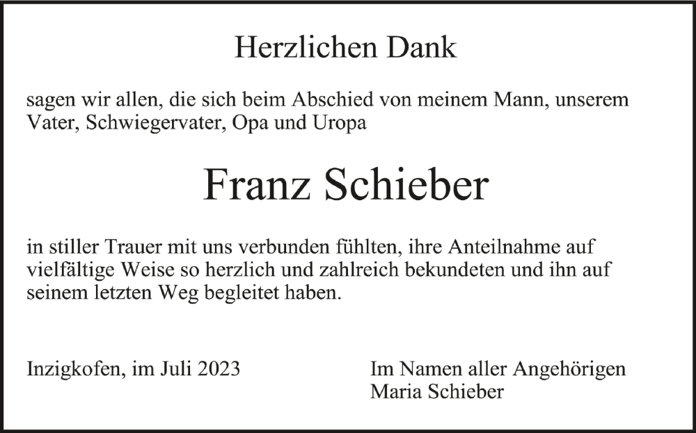  Traueranzeige für Franz Schieber vom 01.07.2023 aus Schwäbische Zeitung