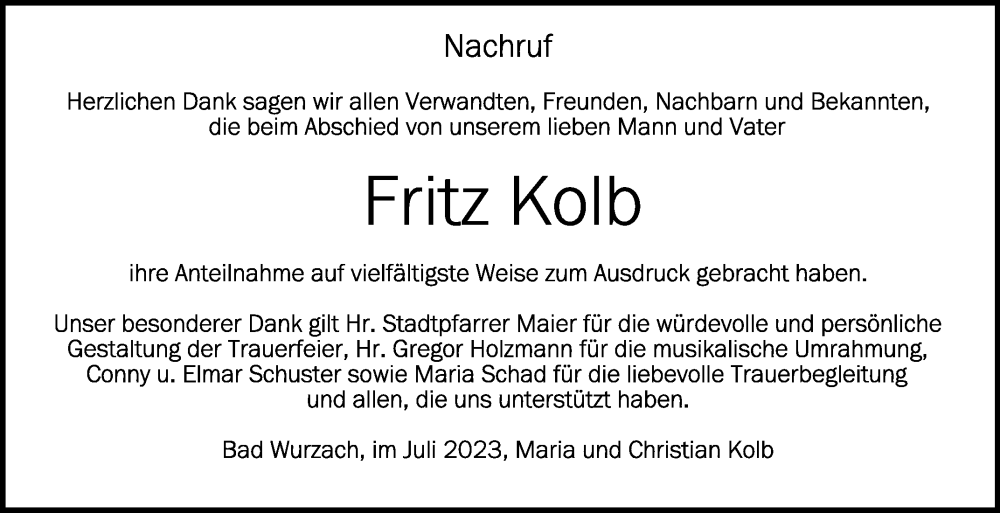  Traueranzeige für Fritz Kolb vom 22.07.2023 aus Schwäbische Zeitung