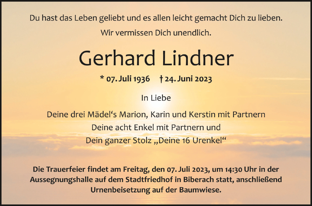  Traueranzeige für Gerhard Lindner vom 01.07.2023 aus Schwäbische Zeitung