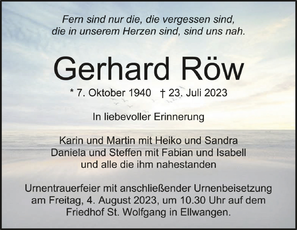  Traueranzeige für Gerhard Röw vom 29.07.2023 aus Schwäbische Zeitung