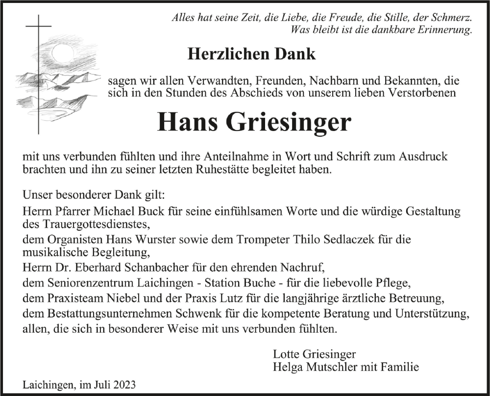  Traueranzeige für Hans Griesinger vom 15.07.2023 aus Schwäbische Zeitung