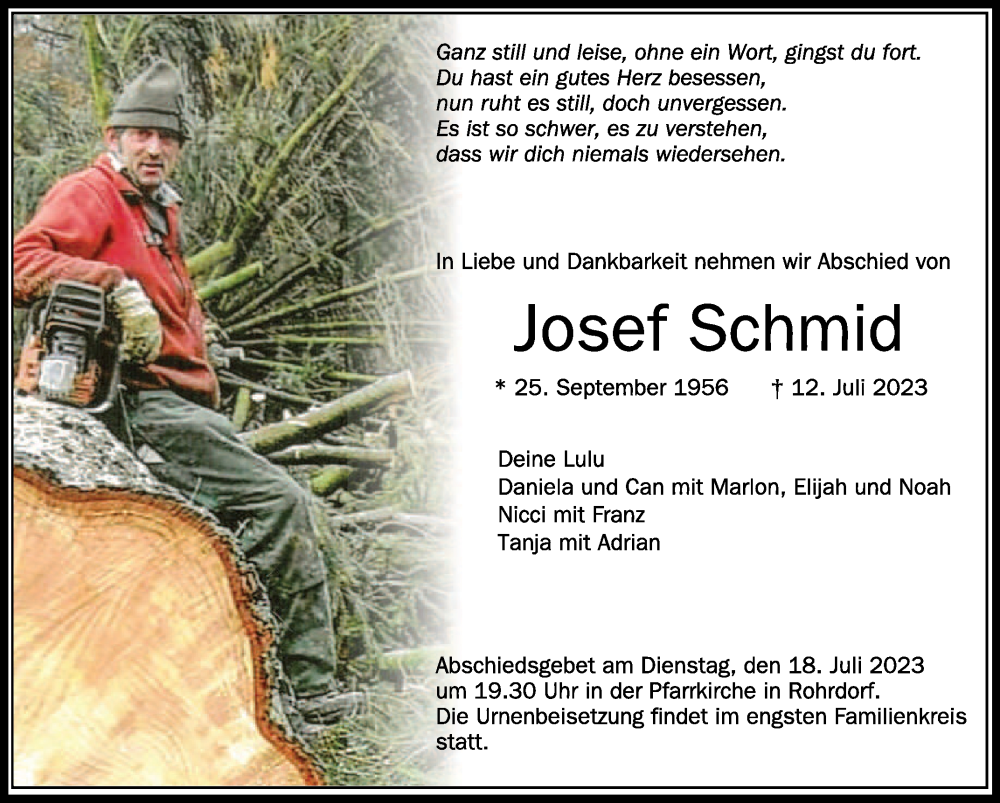  Traueranzeige für Josef Schmid vom 15.07.2023 aus Schwäbische Zeitung