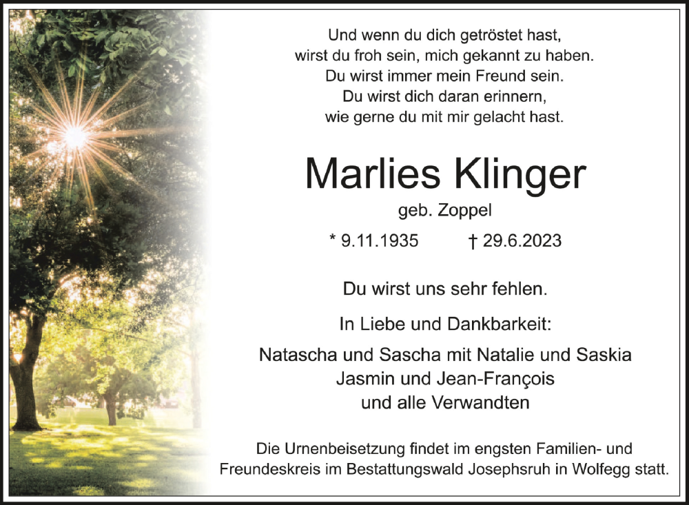  Traueranzeige für Marlies Klinger vom 01.07.2023 aus Schwäbische Zeitung