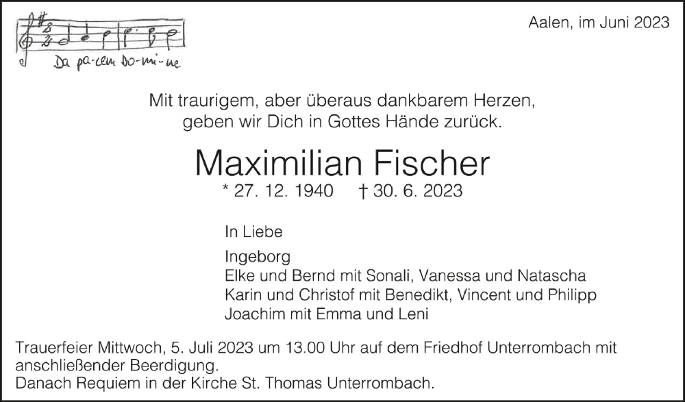  Traueranzeige für Maximilian Fischer vom 04.07.2023 aus Schwäbische Zeitung