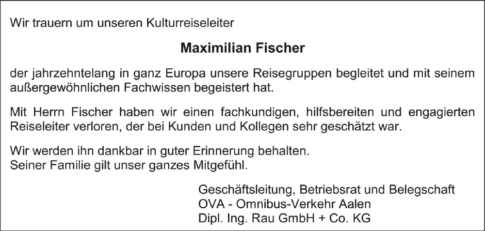  Traueranzeige für Maximilian Fischer vom 05.07.2023 aus Schwäbische Zeitung