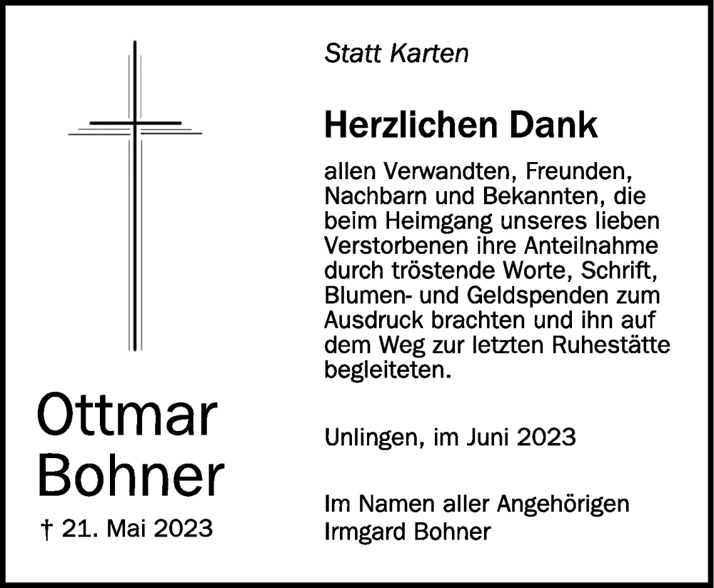  Traueranzeige für Ottmar Bohner vom 01.07.2023 aus Schwäbische Zeitung