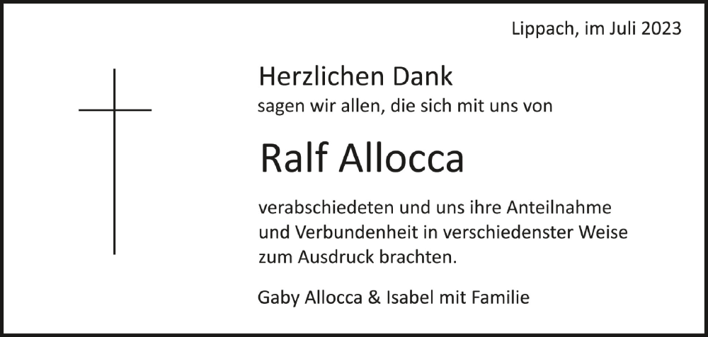 Traueranzeige für Ralf Allocca vom 29.07.2023 aus Schwäbische Zeitung