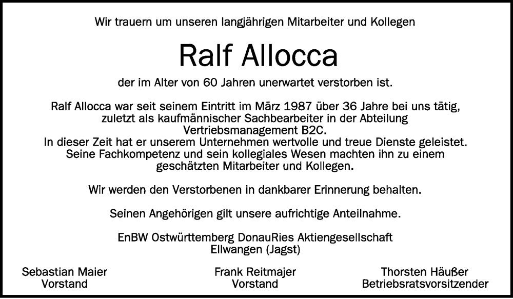  Traueranzeige für Ralf Allocca vom 11.07.2023 aus Schwäbische Zeitung