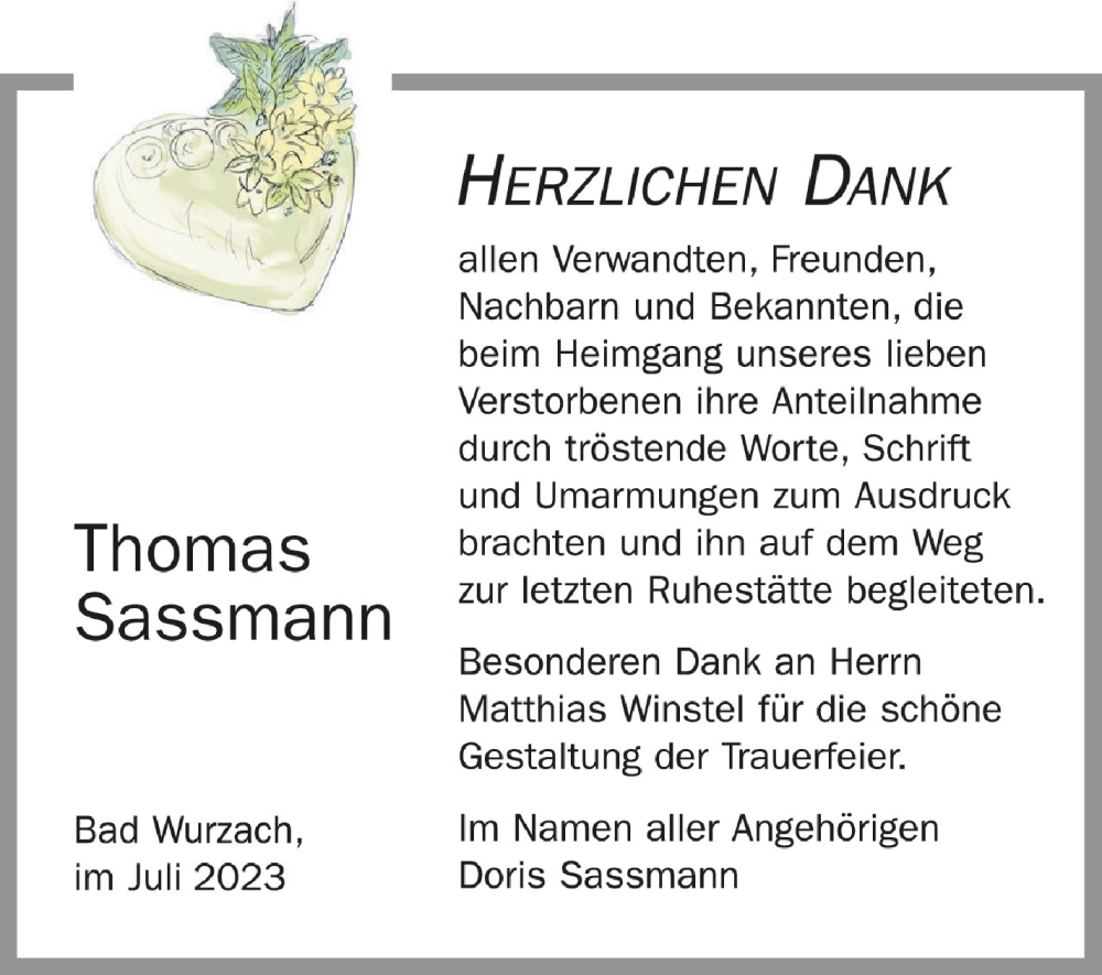  Traueranzeige für Thomas Sassmann vom 15.07.2023 aus Schwäbische Zeitung