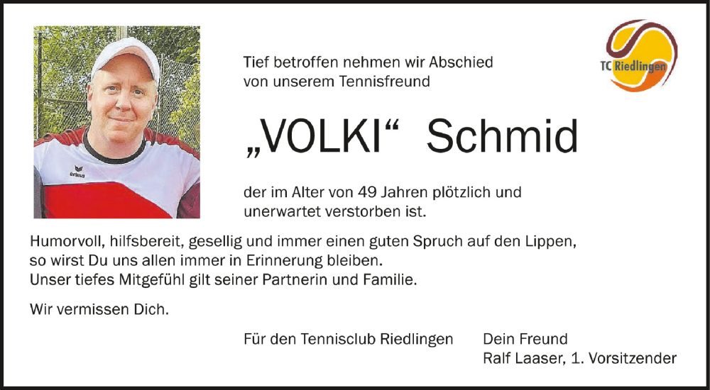  Traueranzeige für Volker Schmid vom 18.07.2023 aus Schwäbische Zeitung