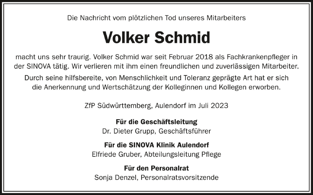  Traueranzeige für Volker Schmid vom 22.07.2023 aus Schwäbische Zeitung
