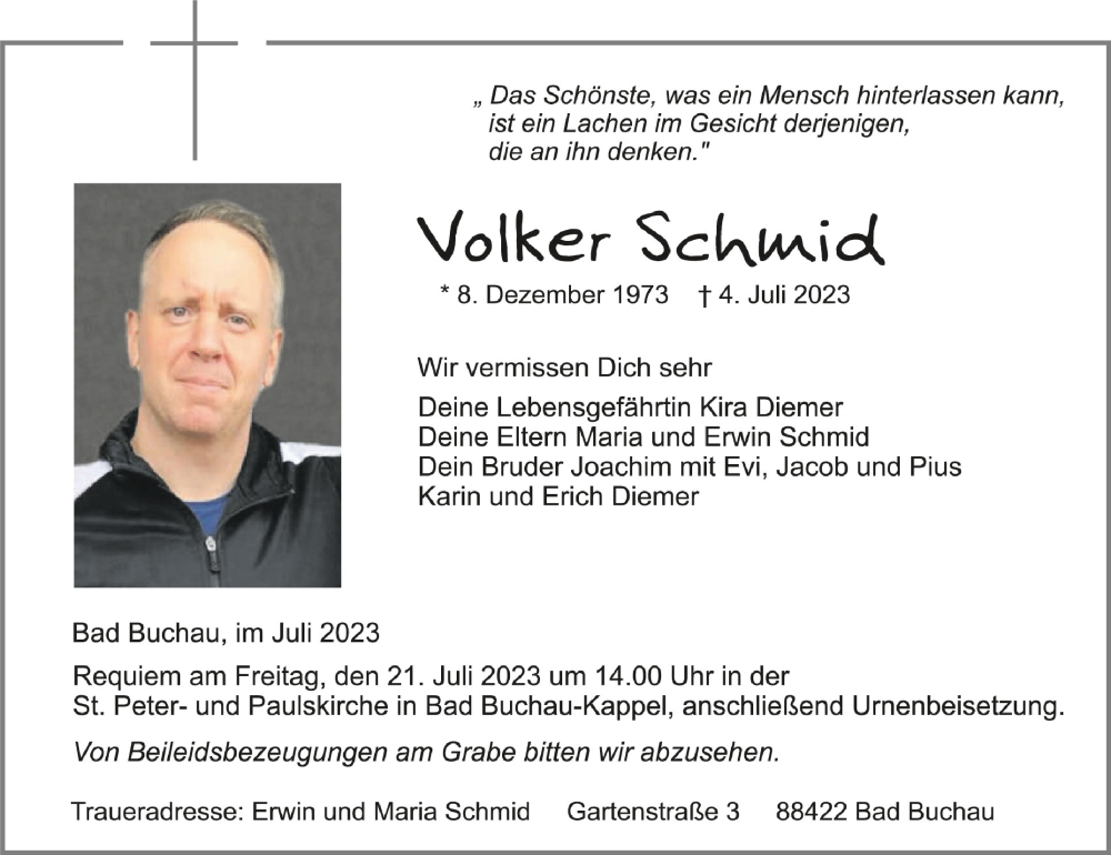 Traueranzeige für Volker Schmid vom 18.07.2023 aus Schwäbische Zeitung