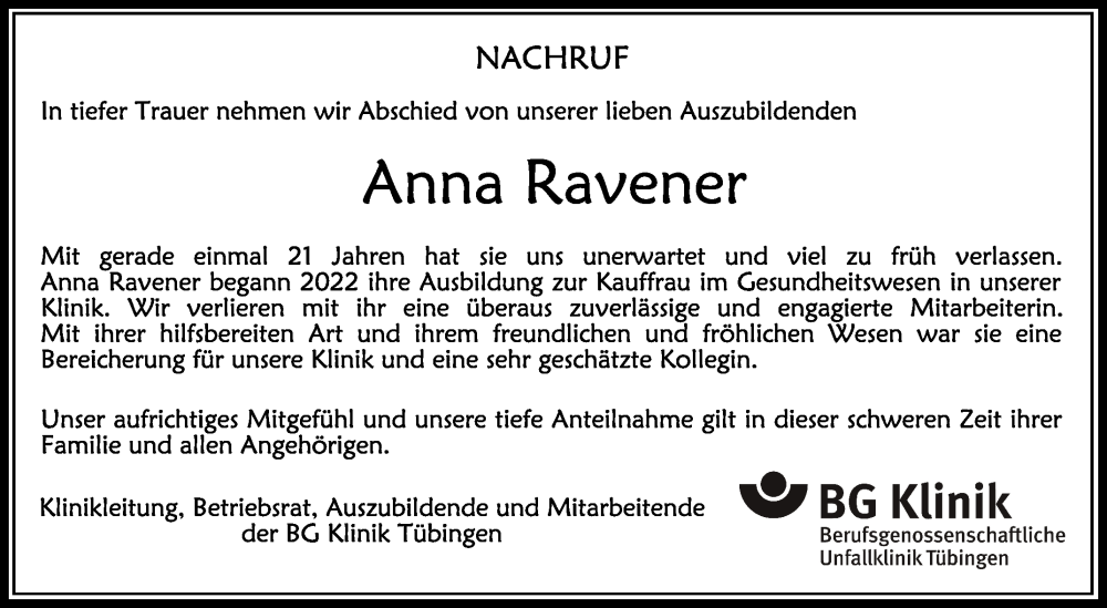  Traueranzeige für Anna Ravener vom 12.08.2023 aus Schwäbische Zeitung