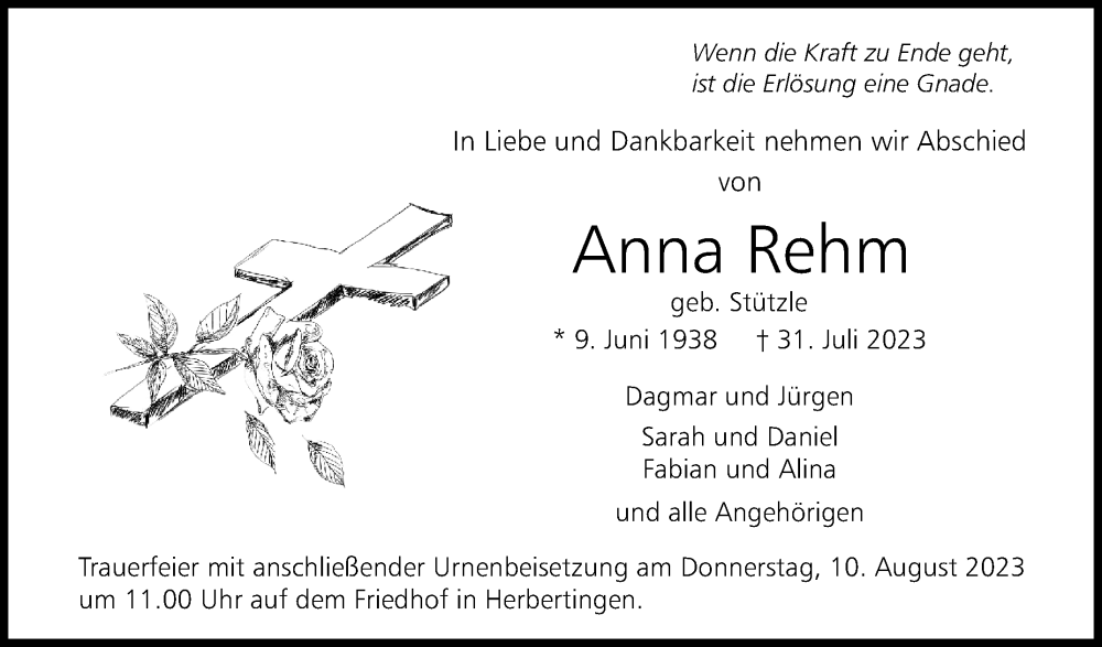  Traueranzeige für Anna Rehm vom 07.08.2023 aus Schwäbische Zeitung